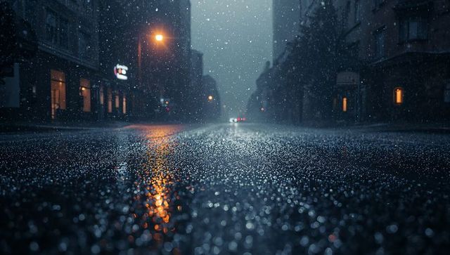 Glittering Wet Asphalt Reflecting Streetlamp Glow on Moody Rainy Urban Night