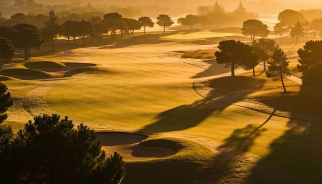 Dawn-lit parkland fairway glowing with golden light and sculpted sand bunkers
