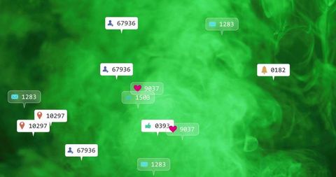 Floating social notification bubbles over neon green smoke backdrop for digital marketing