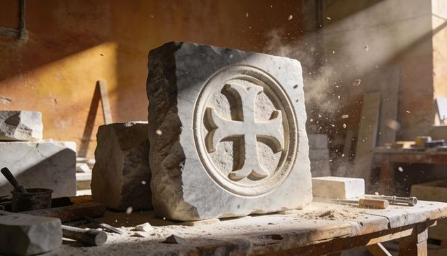 Hand-carved marble medallion with cross motif bathed in warm workshop sunlight