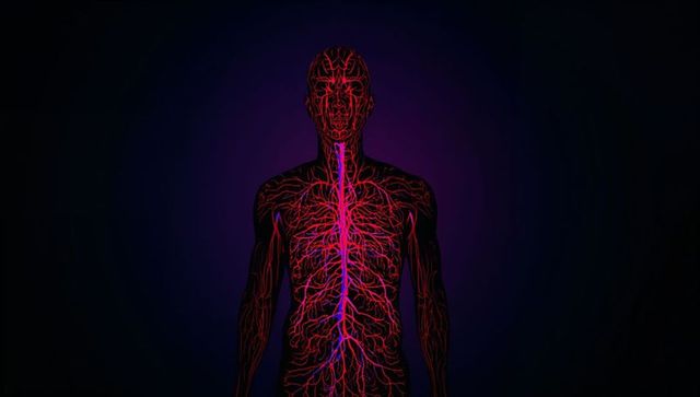 Neon vascular silhouette displaying glowing red vessels and luminous purple spinal column