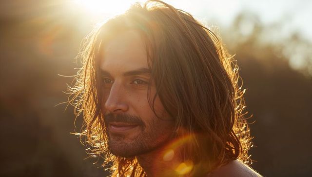 Gazing man with shoulder-length hair backlit by golden hour lens flare and rimlight