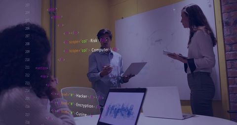 Tech team presenting cybersecurity strategy with code overlay in modern boardroom meeting