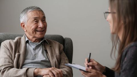 Senior asian man smiling during calm one-on-one consultation with caring therapist