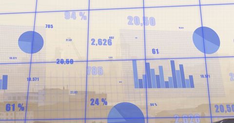Digital financial data visualization over urban skyline