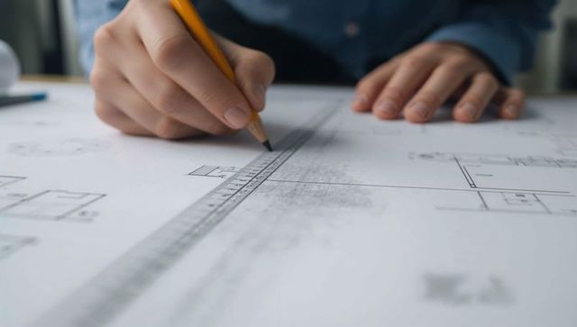 Architect tracing blueprint with metal scale and yellow pencil, close-up hands drafting