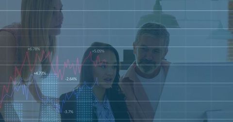 Business team interpreting financial market data on computer screen
