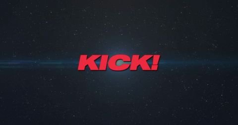Bold red 3d kick! logo floating on cosmic starfield with blue lens flare and vignette