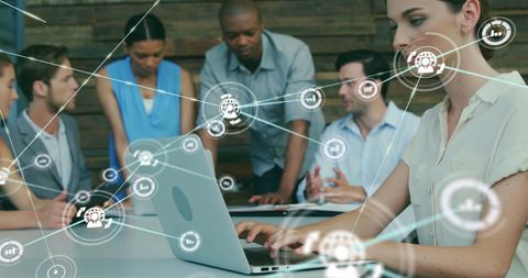 Connected Team Analyzing Data on Digital Interface with Network Overlay - Download Free Stock Images Pikwizard.com