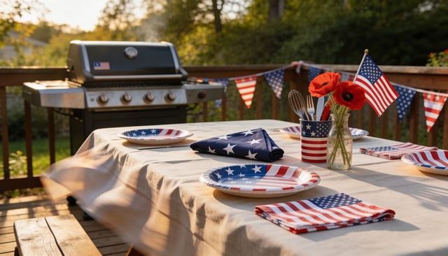 Backyard fourth of july table styling featuring american flag plates, napkins and grill