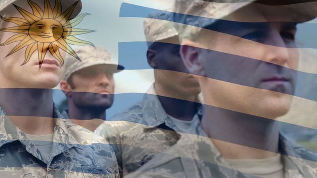 This visual depicts an overlay of the Uruguay flag on portraits of diverse male soldiers wearing military uniforms. The blend of national symbols with service members highlights themes of patriotism, national pride, and unity among diverse ethnicities. Ideal for articles, blog posts,  or educational materials focused on Uruguay, military service, and patriotism concepts.