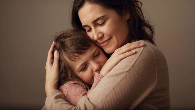 Mother embracing daughter in tender hug soft neutral tones family love portrait warm knit sweaters