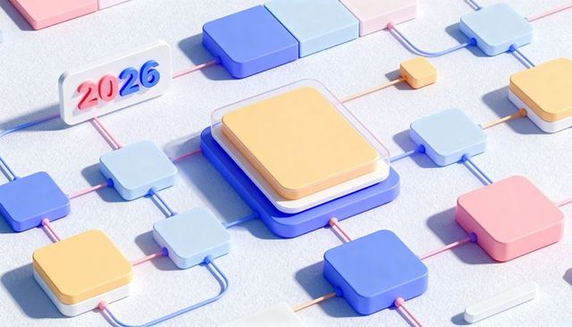 Isometric pastel network 2026, layered rounded nodes and connectors for tech design