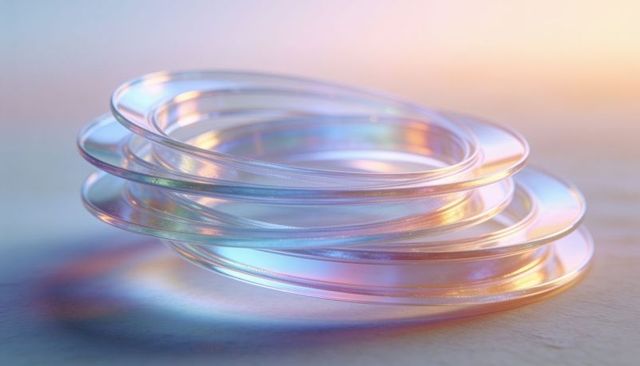 Iridescent glass rings stacking on pastel surface reflecting prism light and casting soft glow