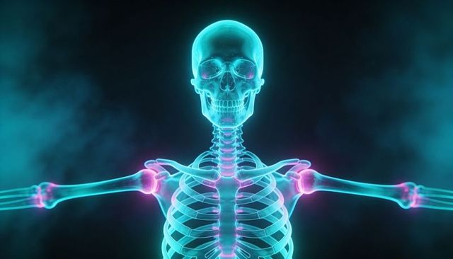 Neon skeleton with glowing shoulder and elbow joints highlighting translucent bone anatomy