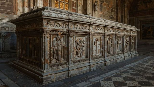Ornate marble sarcophagus with carved bas-relief panels, dramatic stained-glass light