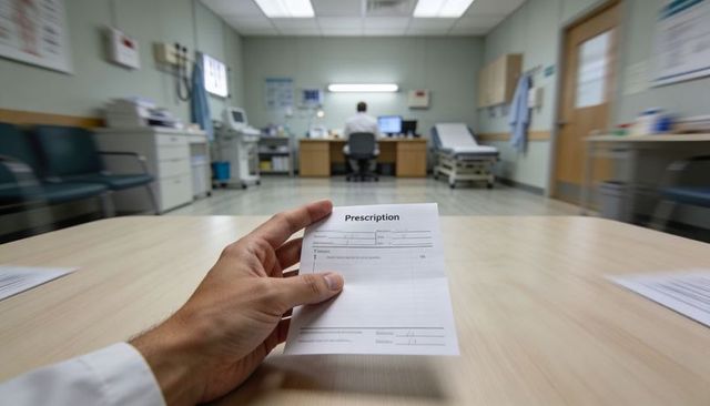 Doctor holding prescription form in clinic consultation, medical office blurred