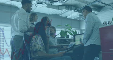 Team Meeting with Financial Data and Graph Overlays in Modern Office