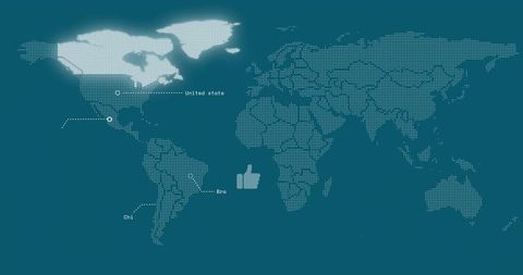 Dotted world map displaying glowing North America with connection markers and thumbs-up