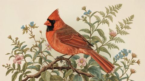 Vibrant Northern Cardinal Perched on Ornate Branch with Floral Accents