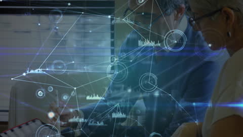 Consultants Discussing Data with Digital Network Overlays