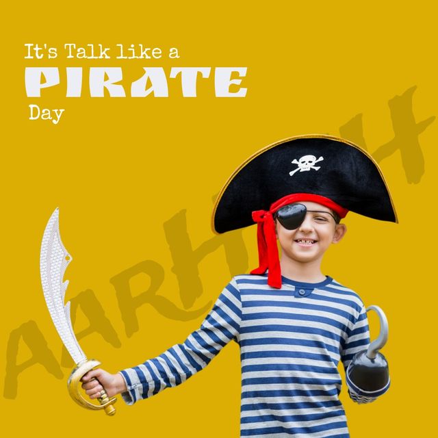 Digital image of happy caucasian boy wearing costume with it's talk like a pirate day text. Yellow background, holiday, romanticized view of golden age of piracy, talk exclusively in pirate lingo.
