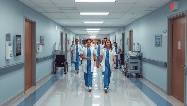 Clinical team walking hospital corridor leading with collaboration and compassionate care