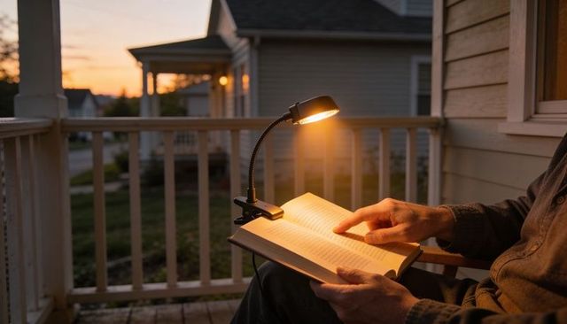 Man reading hardcover book on front porch at dusk with clip-on lamp warm golden glow