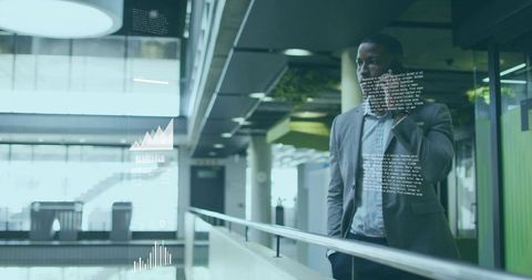 Businessman Wearing Suit Talks on Smartphone Amidst Digital Virtual Interface