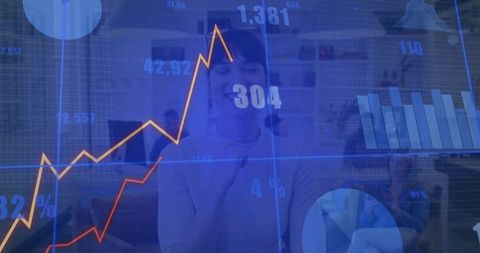 Smiling woman analyzing financial growth with digital charts and analytics dashboard overlay