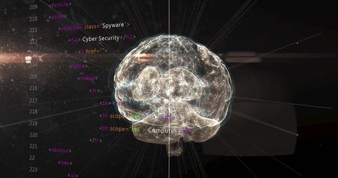 Futuristic brain hologram over security code layers