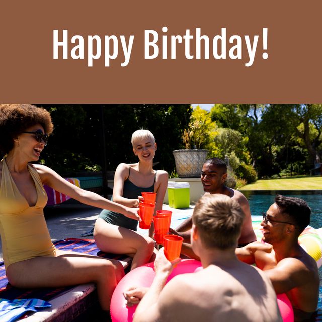 Diverse Friends Celebrating Birthday at Poolside Gathering - Download Free Stock Templates Pikwizard.com