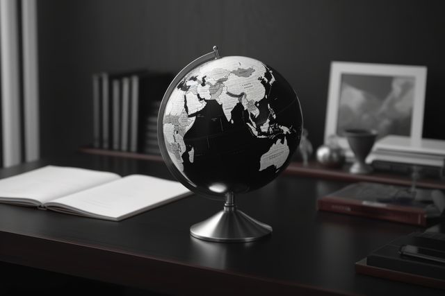 A stylish black globe sits on a desk, with copy space. Office essentials create a professional and intellectual atmosphere.