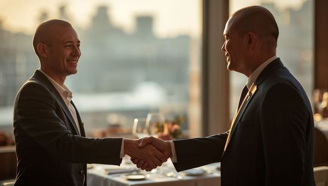 Executives shaking hands during sunset business dinner smiling over partnership deal
