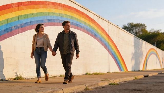 Couple holding hands walking past rainbow mural during golden hour urban romance