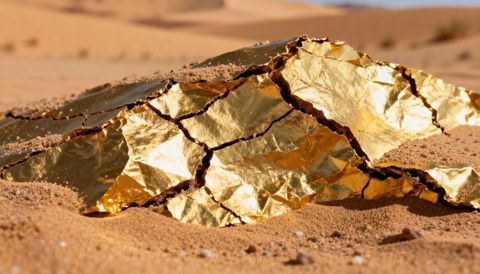 Glinting crumpled gold foil partially buried in red desert sand with cracked texture