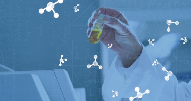 Scientist Holding Chemical Sample in Laboratory with Molecular Overlay - Download Free Stock Images Pikwizard.com