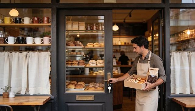 Baker carrying box of pastries and coffee reaching for door handle at cozy storefront