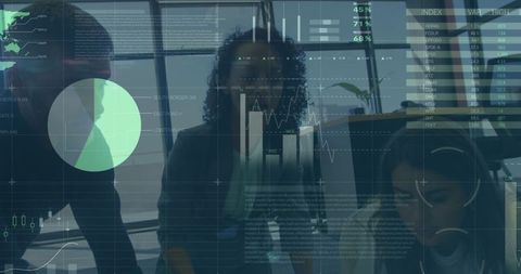 Diverse Team Analyzing Financial Data with High-Tech Graphs