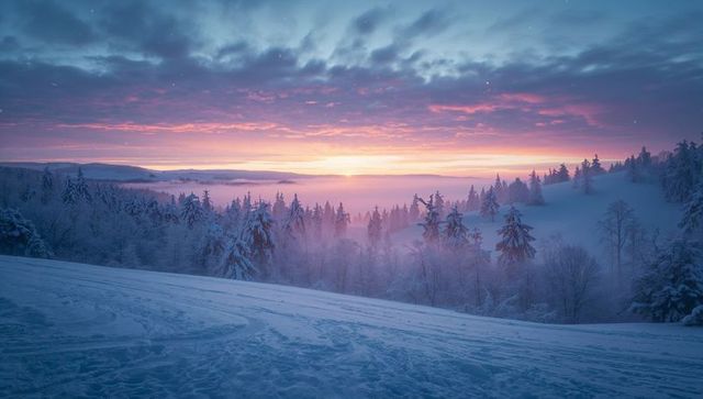 Sunrise Glowing Over Snow-Covered Pines and Misty Valley on Winter Alpine Slope