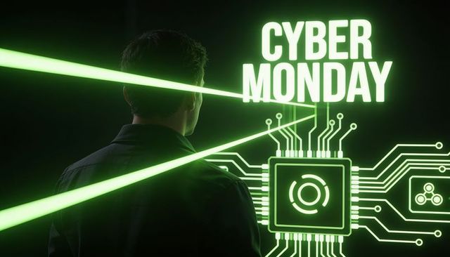 Standing man facing neon circuitry and microchip, cyber monday futuristic tech sale concept
