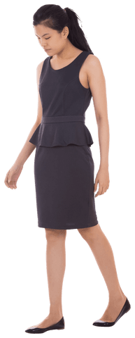 Transparent image of sad businesswoman walking with downcast gaze