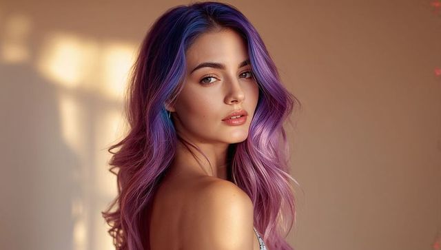Soft light fashion portrait woman with vibrant purple pink hair and bare shoulders