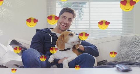 Man Relaxing with Beagle Clothes in Faum Living Room