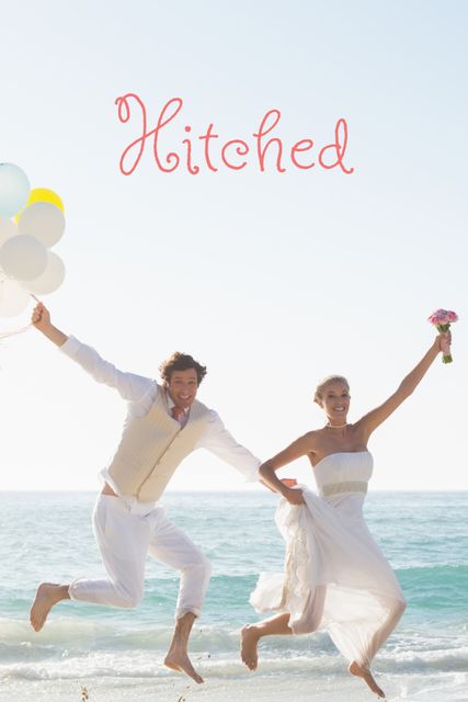 Joyful Newlyweds Jumping on Beach with Balloons - Download Free Stock Templates Pikwizard.com