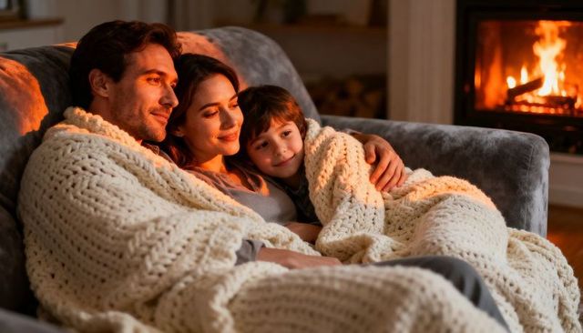 Parents and son snuggling on couch under chunky knit blanket by fireplace warm evening