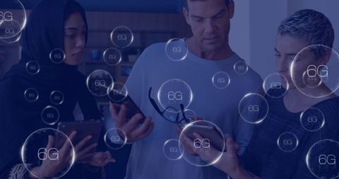 Diverse Colleagues Using Tablets with Concept of 6G Network