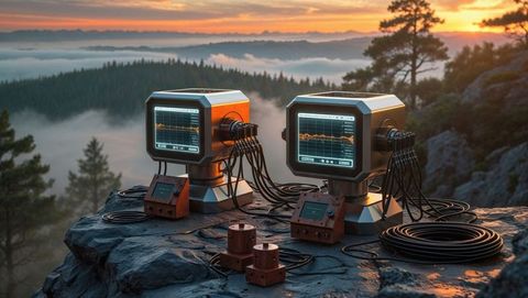 Retro waveform monitors on hilltop at serenity sunrise, seismograph concept