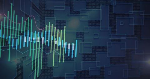 Financial data dashboard displaying candlestick and bar charts with neon grid overlay