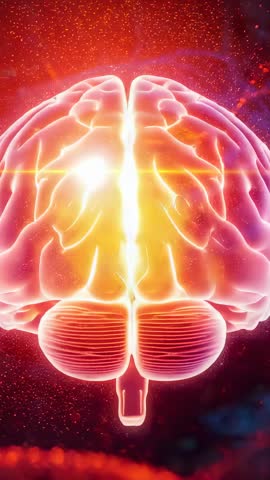 Rotating Neon Brain Model Floating in Data Space with Light Beam and Red Particle Field